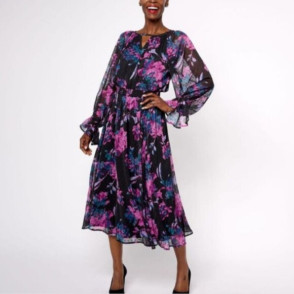 Destination 365 Women's Dress Chiffon Swiss Dot Purple Floral Midi Large - Picture 1 of 11